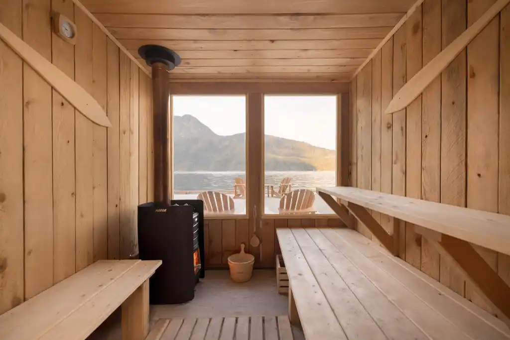 Woodfire Sauna Interior At Klahoose Wilderness Resort